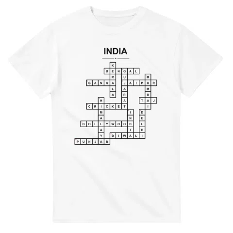 Monochrome crossword sheet for India, with a large place-name heading, a letter grid, and numbered across and down clues.