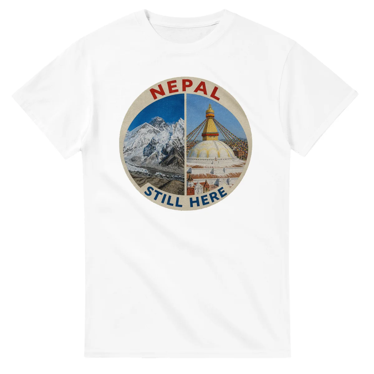 Painted, panelled scenic illustration for Nepal, with paired local scenes and the place name in lettering.
