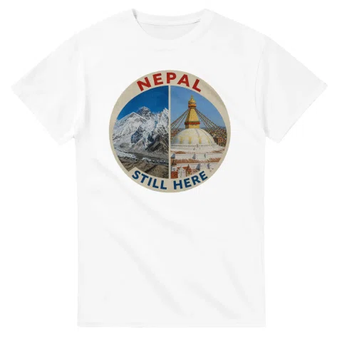 Painted, panelled scenic illustration for Nepal, with paired local scenes and the place name in lettering.