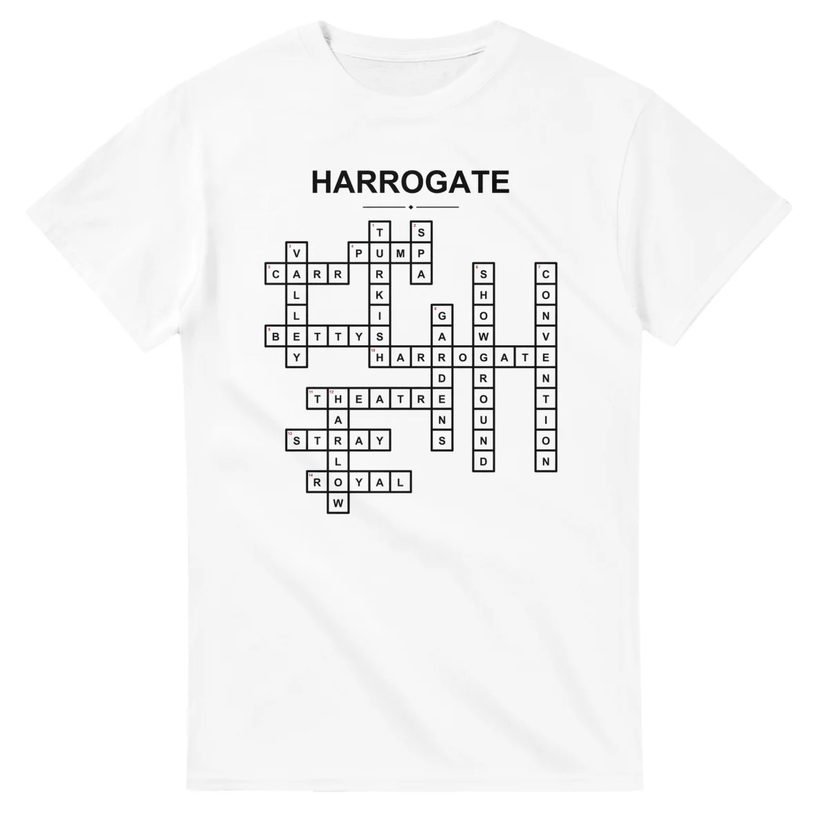 Monochrome crossword sheet for Harrogate, with a large place-name heading, a letter grid, and numbered across and down clues.