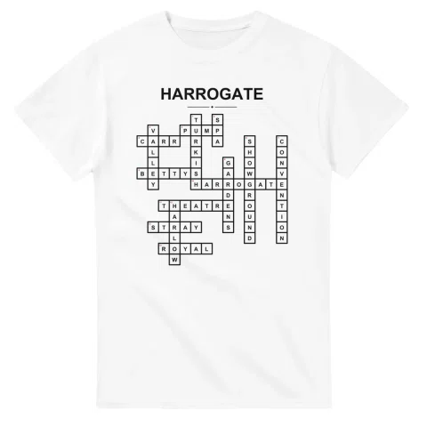 Monochrome crossword sheet for Harrogate, with a large place-name heading, a letter grid, and numbered across and down clues.