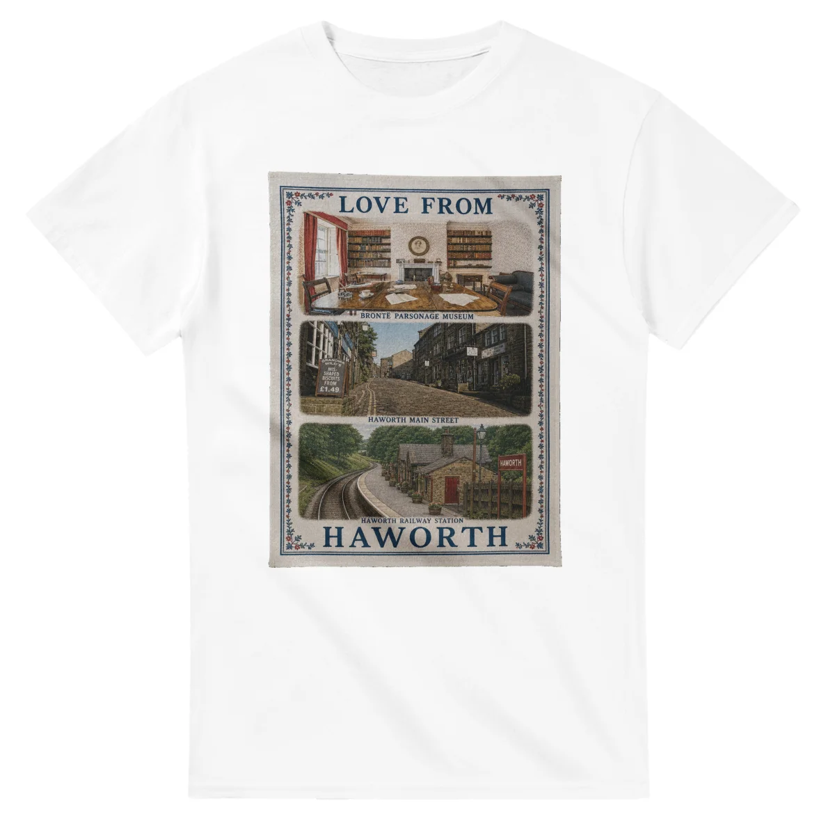 Framed scenic design for Haworth, with several local views, a decorative border and LOVE FROM lettering.
