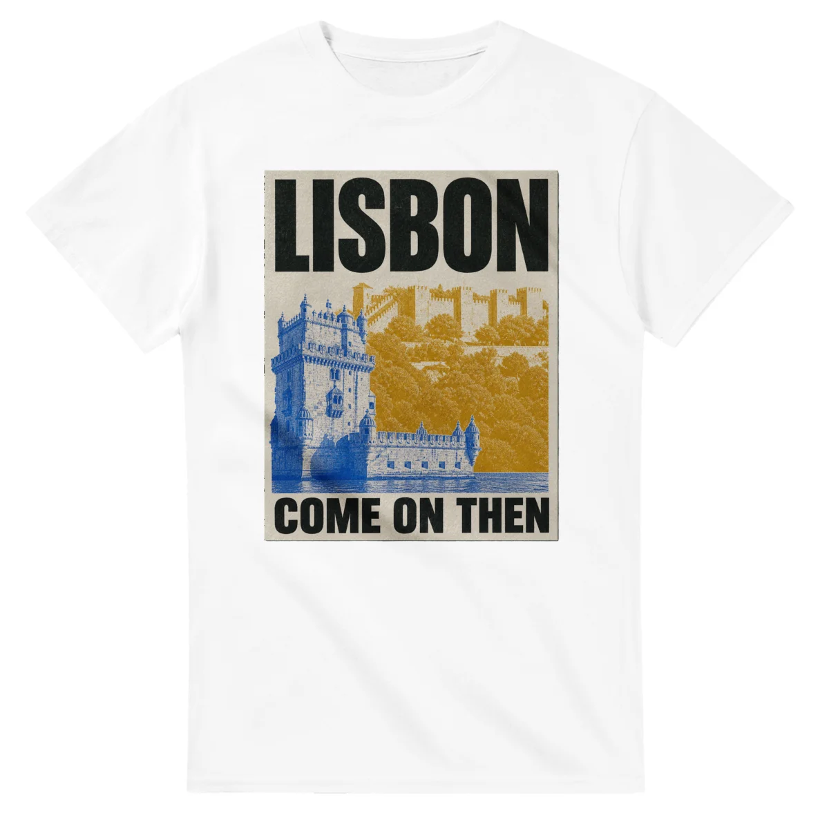 Two-colour scenic illustration for Lisbon, with the place name and COME ON THEN lettering.
