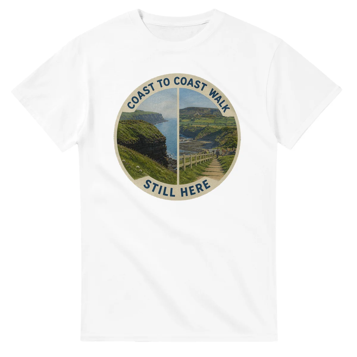 Painted, panelled scenic illustration for Coast to Coast Walk, with paired local scenes and the place name in lettering.