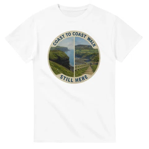 Painted, panelled scenic illustration for Coast to Coast Walk, with paired local scenes and the place name in lettering.