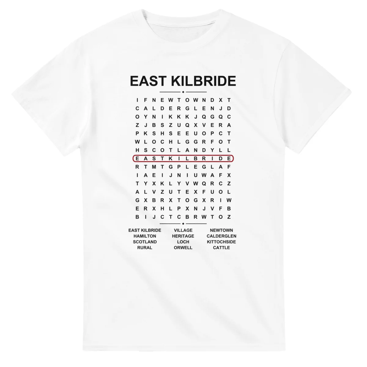 Word-search sheet for East Kilbride, with a large place-name heading, a letter grid, a local answer list, and a red highlighted example word.