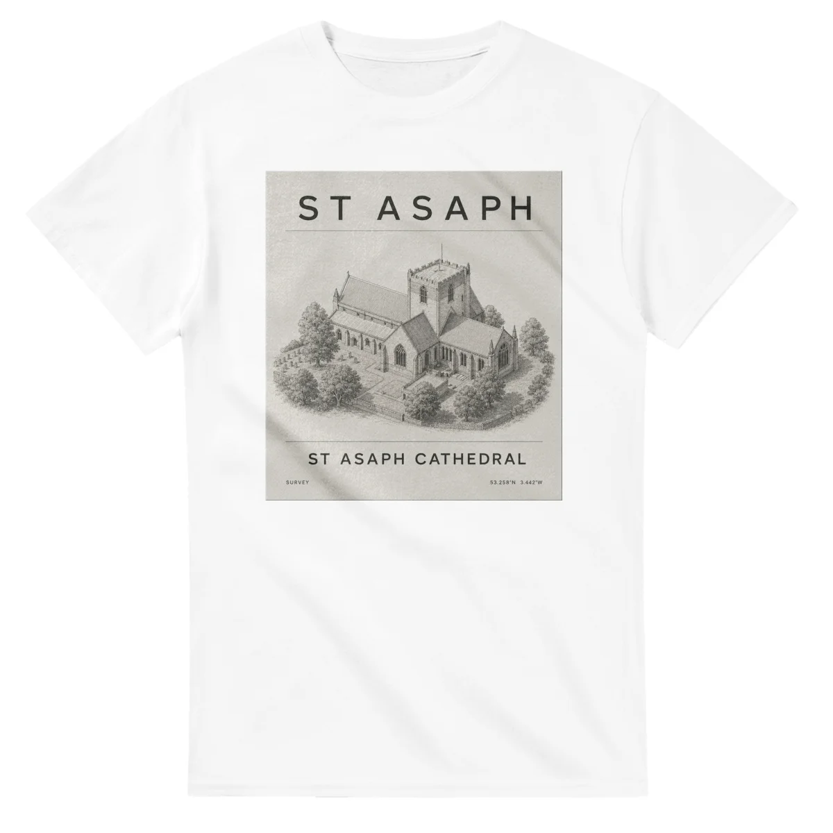 Fine-line engraving-style drawing for St Asaph, with a landmark caption and small coordinate text.