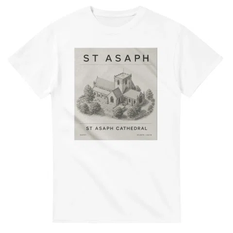 Fine-line engraving-style drawing for St Asaph, with a landmark caption and small coordinate text.