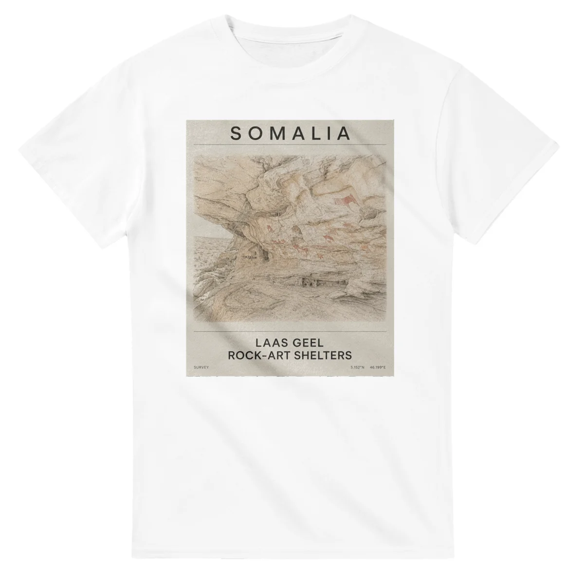 Fine-line engraving-style drawing for Somalia, with a landmark caption and small coordinate text.