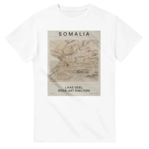 Fine-line engraving-style drawing for Somalia, with a landmark caption and small coordinate text.