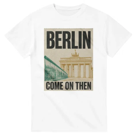 Two-colour scenic illustration for Berlin, with the place name and COME ON THEN lettering.