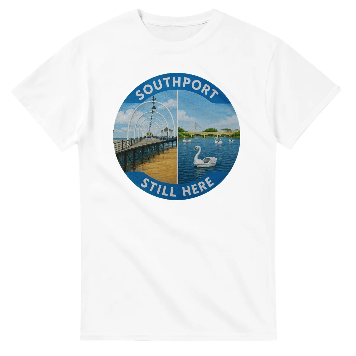 Painted, panelled scenic illustration for Southport, with paired local scenes and the place name in lettering.