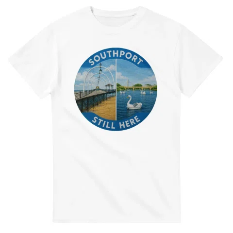 Painted, panelled scenic illustration for Southport, with paired local scenes and the place name in lettering.