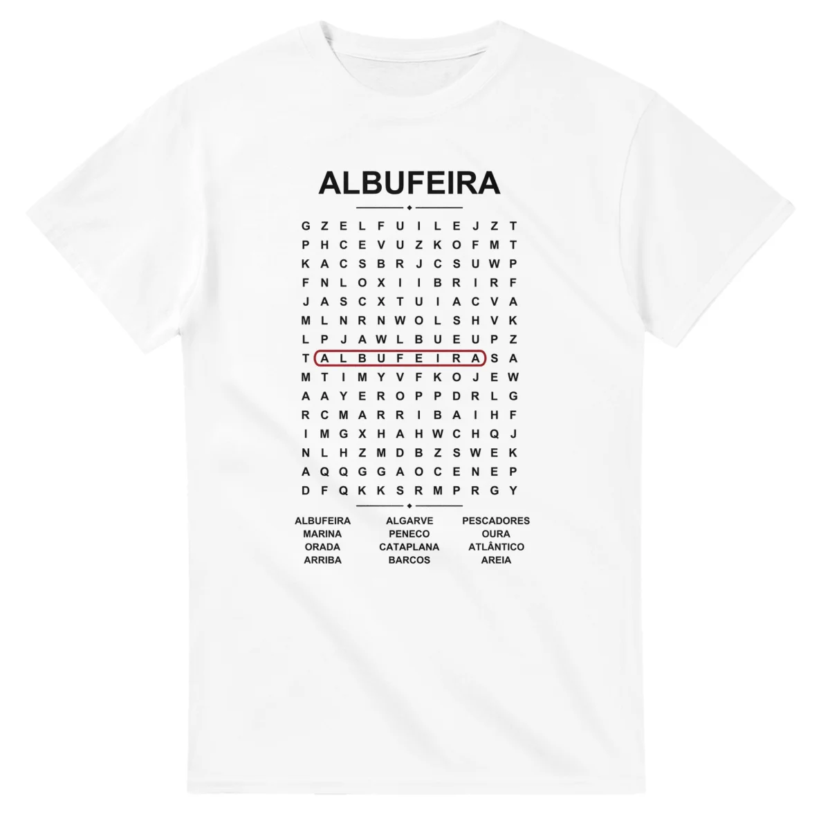 Word-search sheet for Albufeira, with a large place-name heading, a letter grid, a local answer list, and a red highlighted example word.