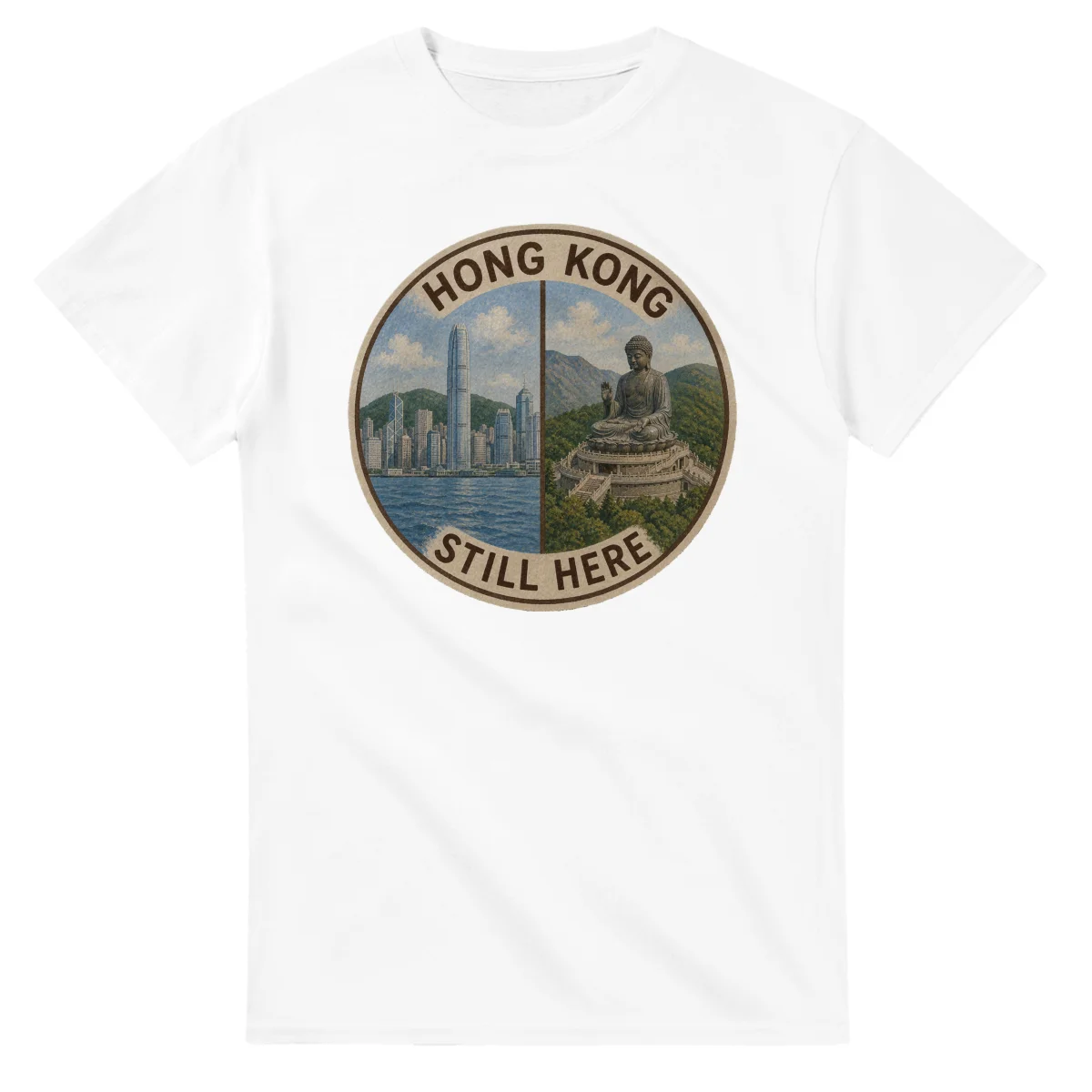 Painted, panelled scenic illustration for Hong Kong, with paired local scenes and the place name in lettering.