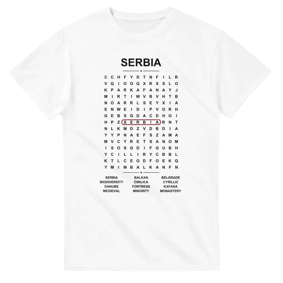 Word-search sheet for Serbia, with a large place-name heading, a letter grid, a local answer list, and a red highlighted example word.