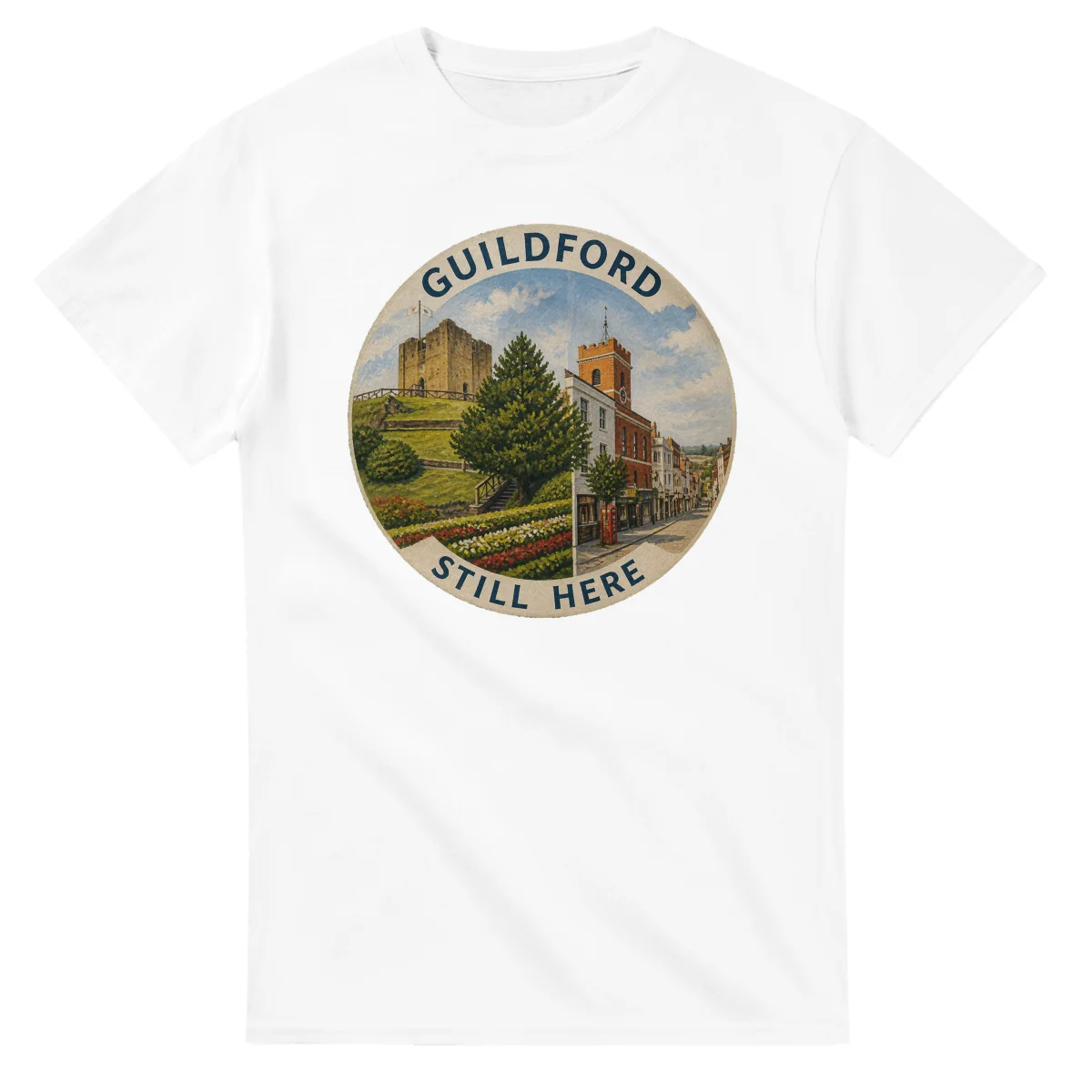 Painted, panelled scenic illustration for Guildford, with paired local scenes and the place name in lettering.