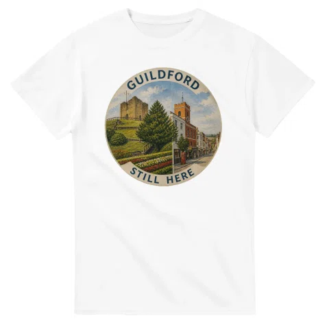 Painted, panelled scenic illustration for Guildford, with paired local scenes and the place name in lettering.