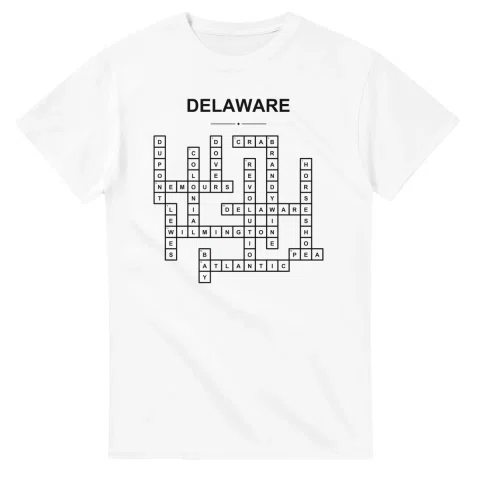 Monochrome crossword sheet for Delaware, with a large place-name heading, a letter grid, and numbered across and down clues.