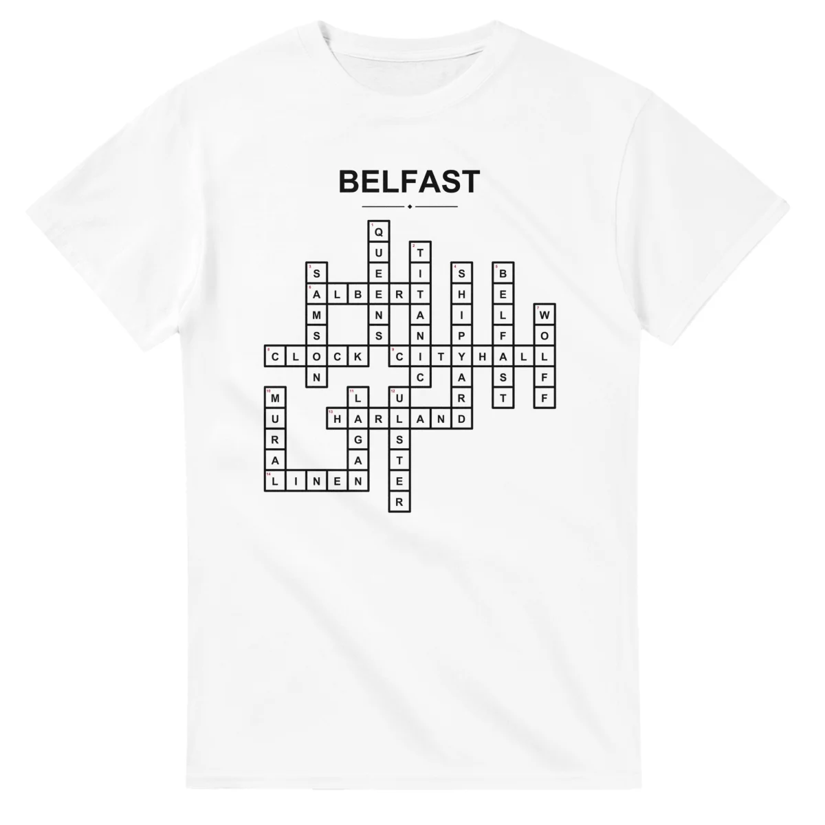 Monochrome crossword sheet for Belfast, with a large place-name heading, a letter grid, and numbered across and down clues.