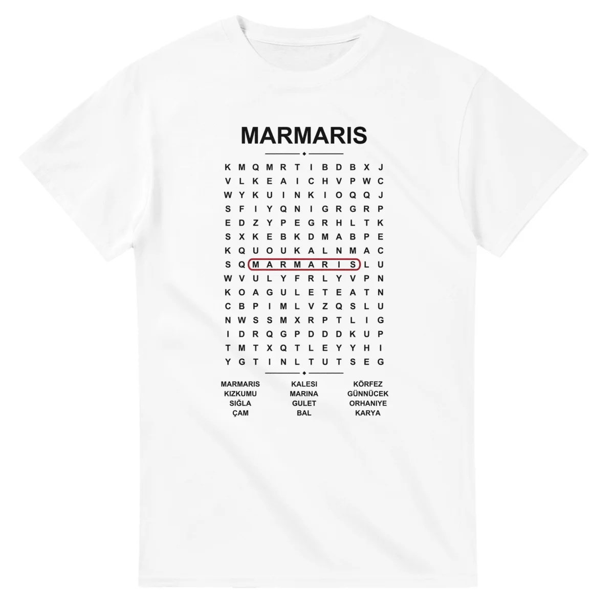 Word-search sheet for Marmaris, with a large place-name heading, a letter grid, a local answer list, and a red highlighted example word.