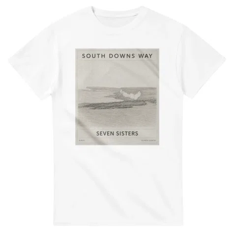 Fine-line engraving-style drawing for South Downs Way, with a landmark caption and small coordinate text.