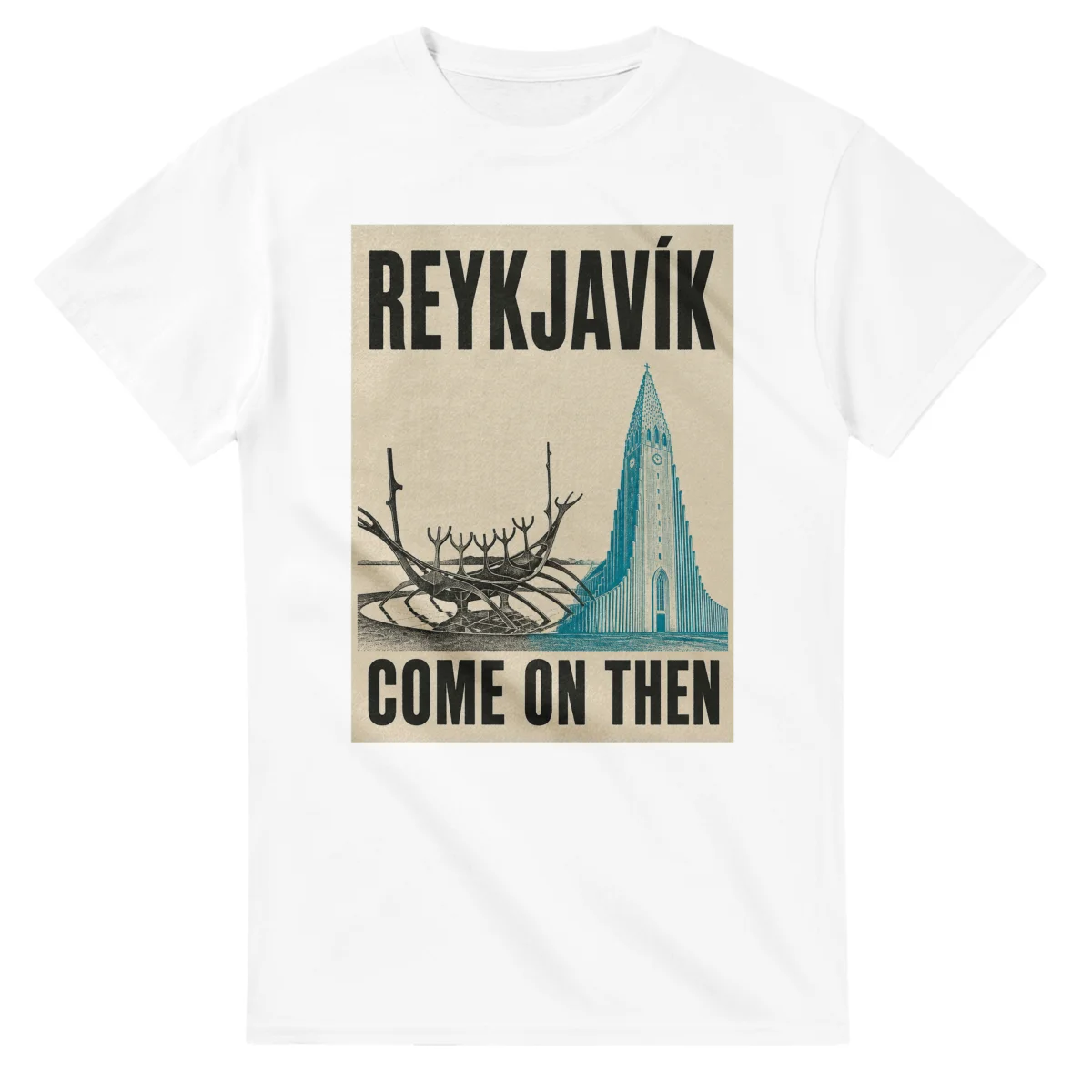 Two-colour scenic illustration for Reykjavík, with the place name and COME ON THEN lettering.