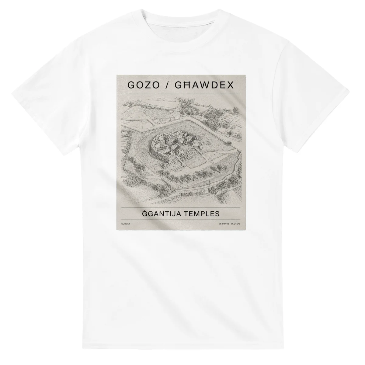 Fine-line engraving-style drawing for Gozo / Għawdex, with a landmark caption and small coordinate text.