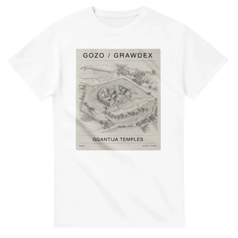 Fine-line engraving-style drawing for Gozo / Għawdex, with a landmark caption and small coordinate text.