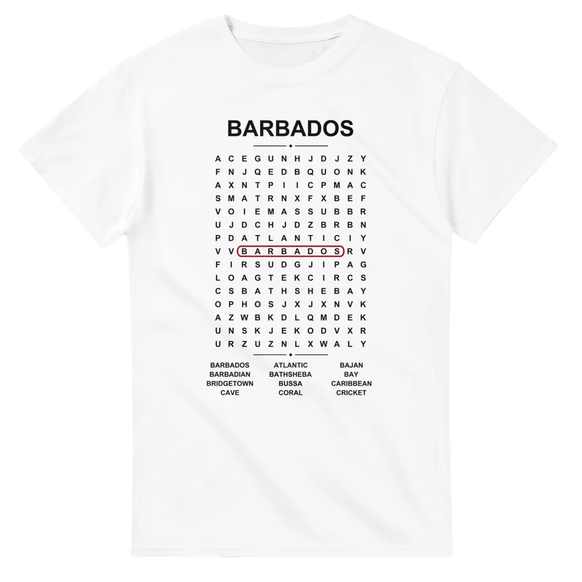 Word-search sheet for Barbados, with a large place-name heading, a letter grid, a local answer list, and a red highlighted example word.