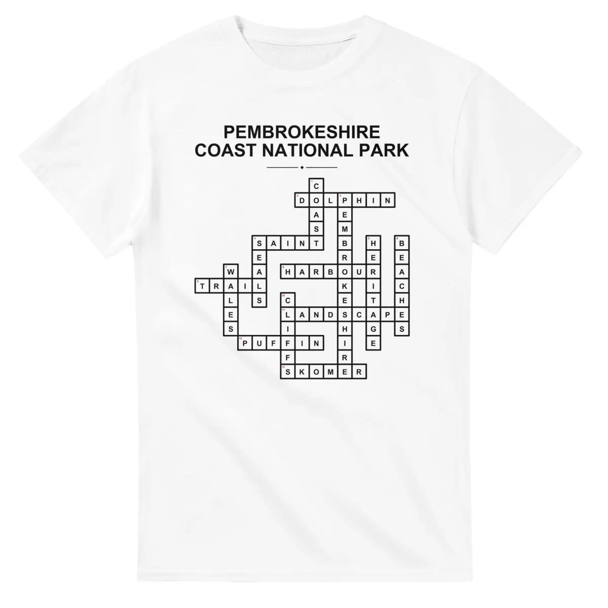 Monochrome crossword sheet for Pembrokeshire Coast National Park, with a large place-name heading, a letter grid, and numbered across and down clues.