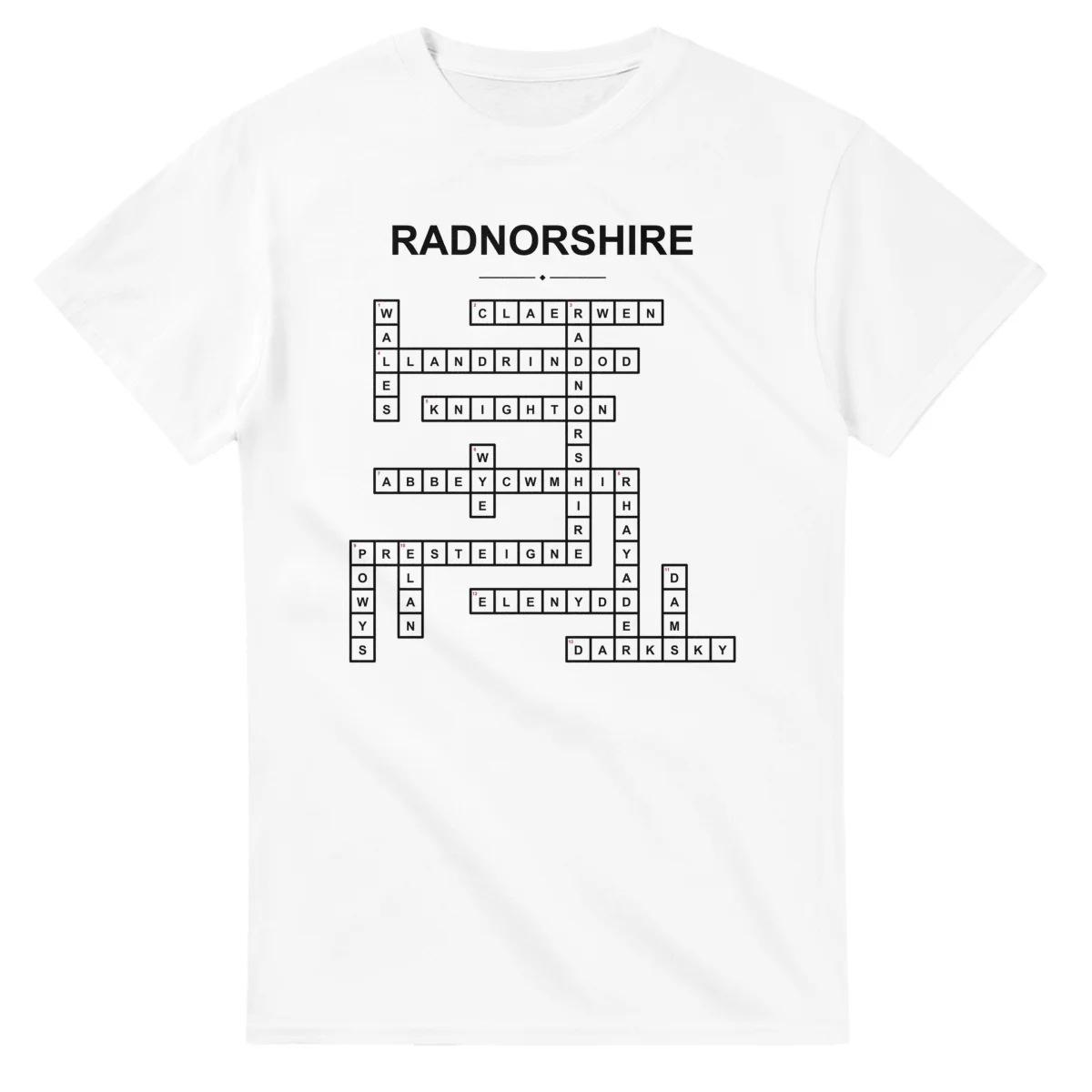 Monochrome crossword sheet for Radnorshire, with a large place-name heading, a letter grid, and numbered across and down clues.
