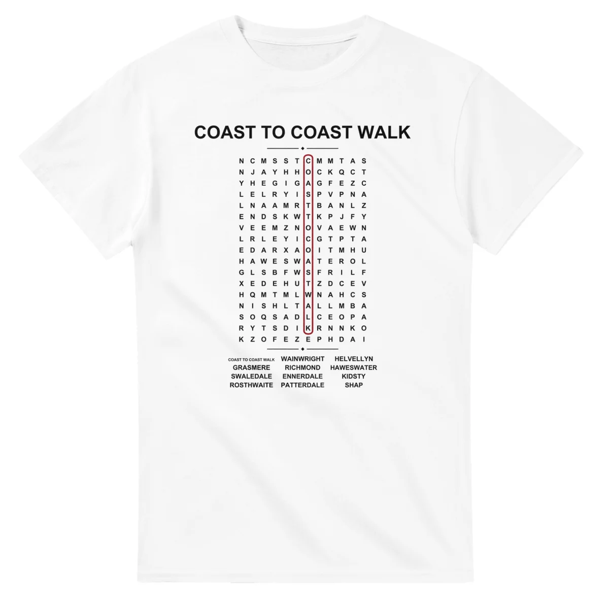 Word-search sheet for Coast to Coast Walk, with a large place-name heading, a letter grid, a local answer list, and a red highlighted example word.