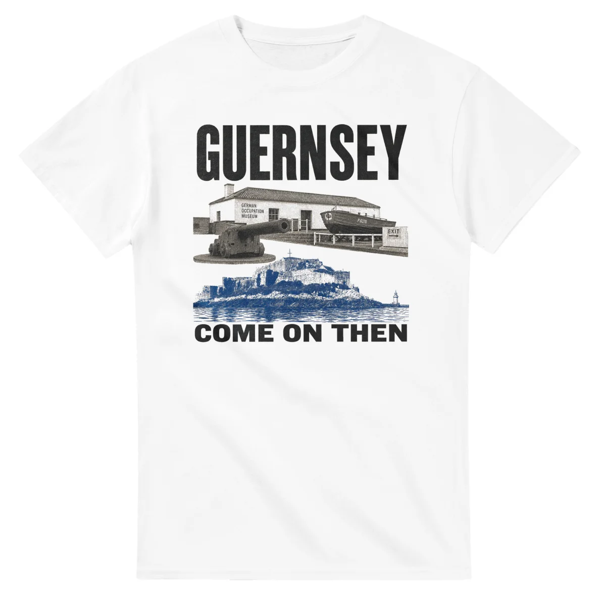 Two-colour scenic illustration for Guernsey, with the place name and COME ON THEN lettering.