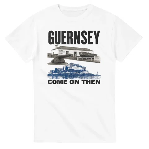 Two-colour scenic illustration for Guernsey, with the place name and COME ON THEN lettering.
