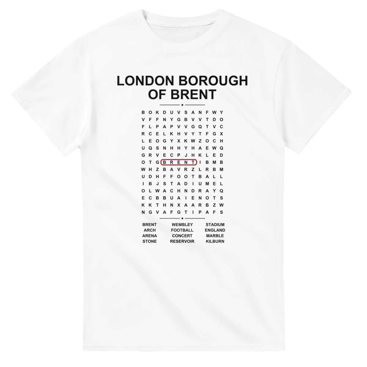 Word-search sheet for London Borough of Brent, with a large place-name heading, a letter grid, a local answer list, and a red highlighted example word.