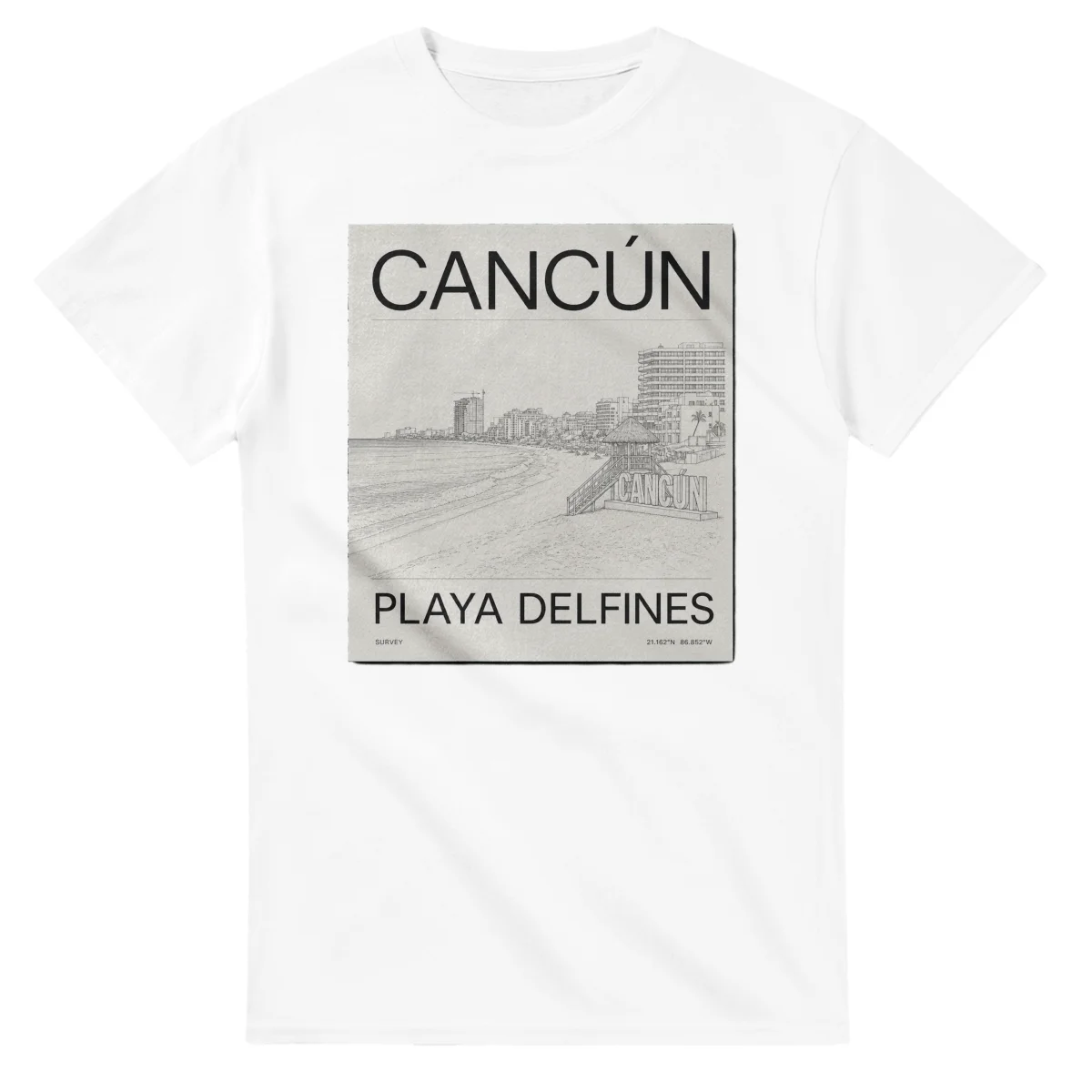 Fine-line engraving-style drawing for Cancún, with a landmark caption and small coordinate text.
