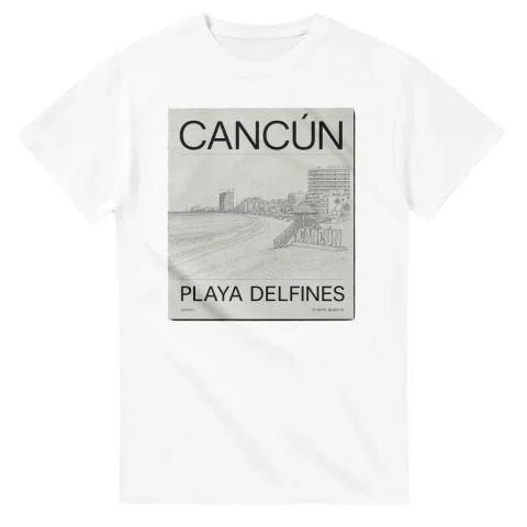 Fine-line engraving-style drawing for Cancún, with a landmark caption and small coordinate text.