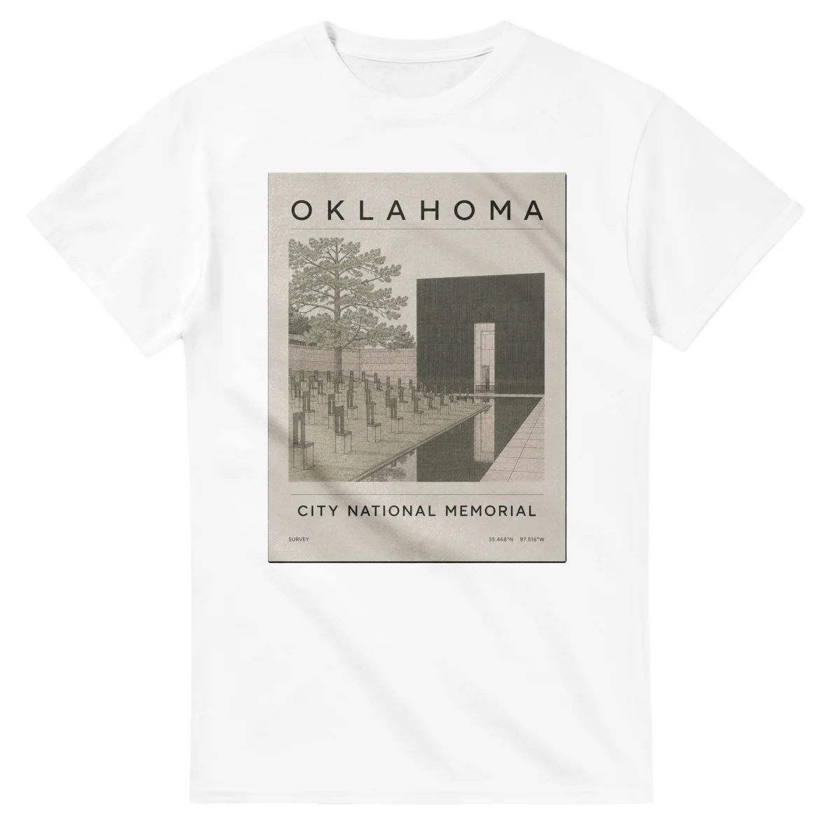 Fine-line engraving-style drawing for Oklahoma, with a landmark caption and small coordinate text.