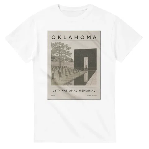 Fine-line engraving-style drawing for Oklahoma, with a landmark caption and small coordinate text.