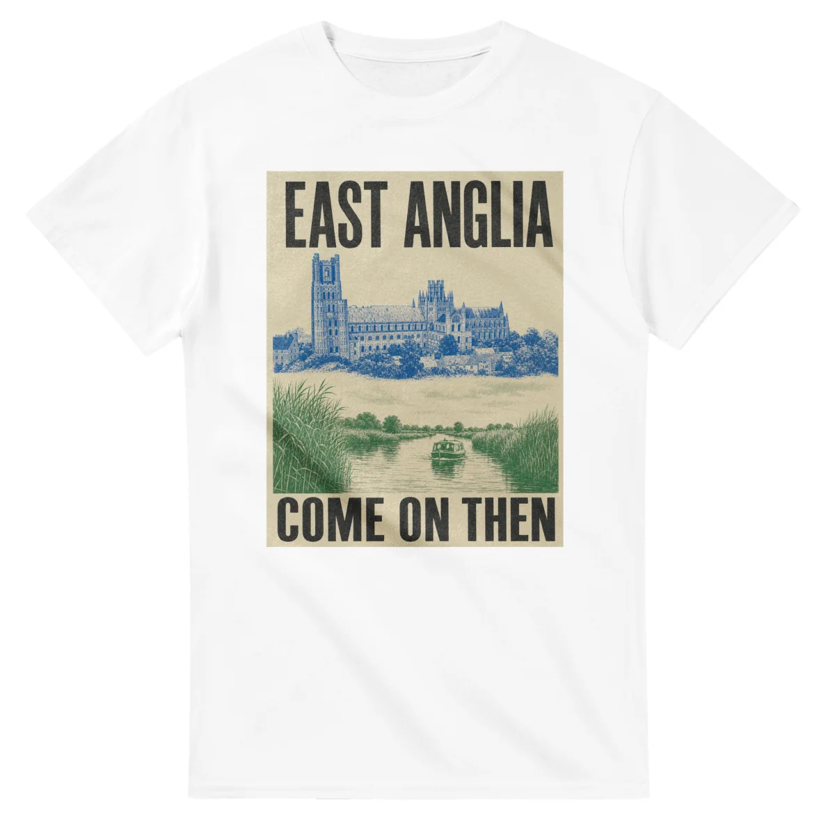 Two-colour scenic illustration for East Anglia, with the place name and COME ON THEN lettering.