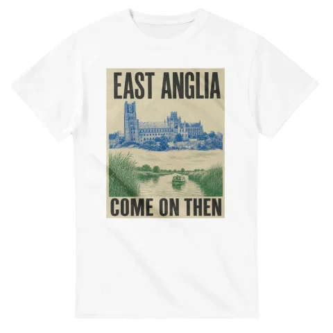 Two-colour scenic illustration for East Anglia, with the place name and COME ON THEN lettering.