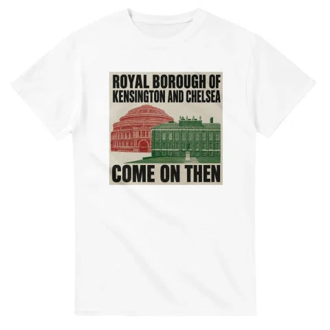 Two-colour scenic illustration for Royal Borough of Kensington and Chelsea, with the place name and COME ON THEN lettering.