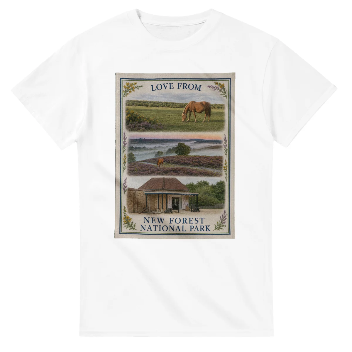 Framed scenic design for New Forest National Park, with several local views, a decorative border and LOVE FROM lettering.