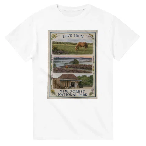Framed scenic design for New Forest National Park, with several local views, a decorative border and LOVE FROM lettering.