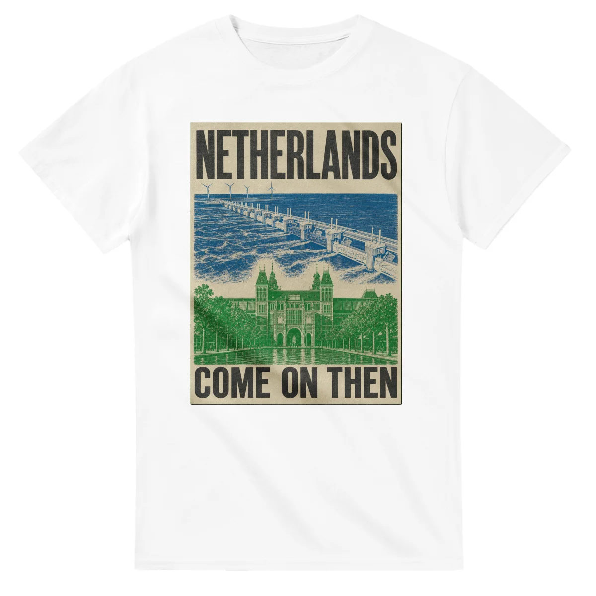 Two-colour scenic illustration for Netherlands, with the place name and COME ON THEN lettering.