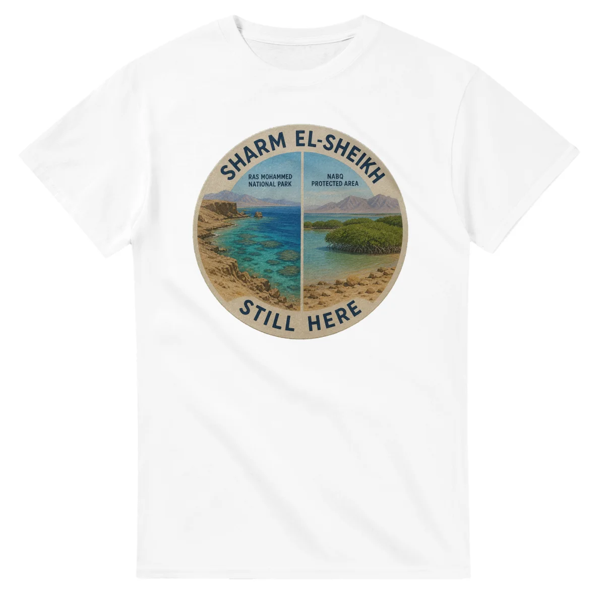 Painted, panelled scenic illustration for Sharm el-Sheikh, with paired local scenes and the place name in lettering.