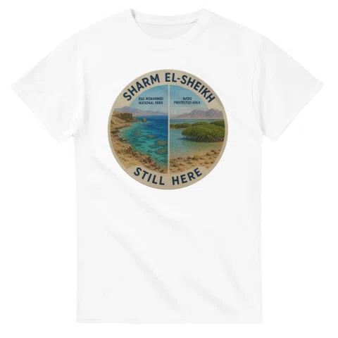 Painted, panelled scenic illustration for Sharm el-Sheikh, with paired local scenes and the place name in lettering.