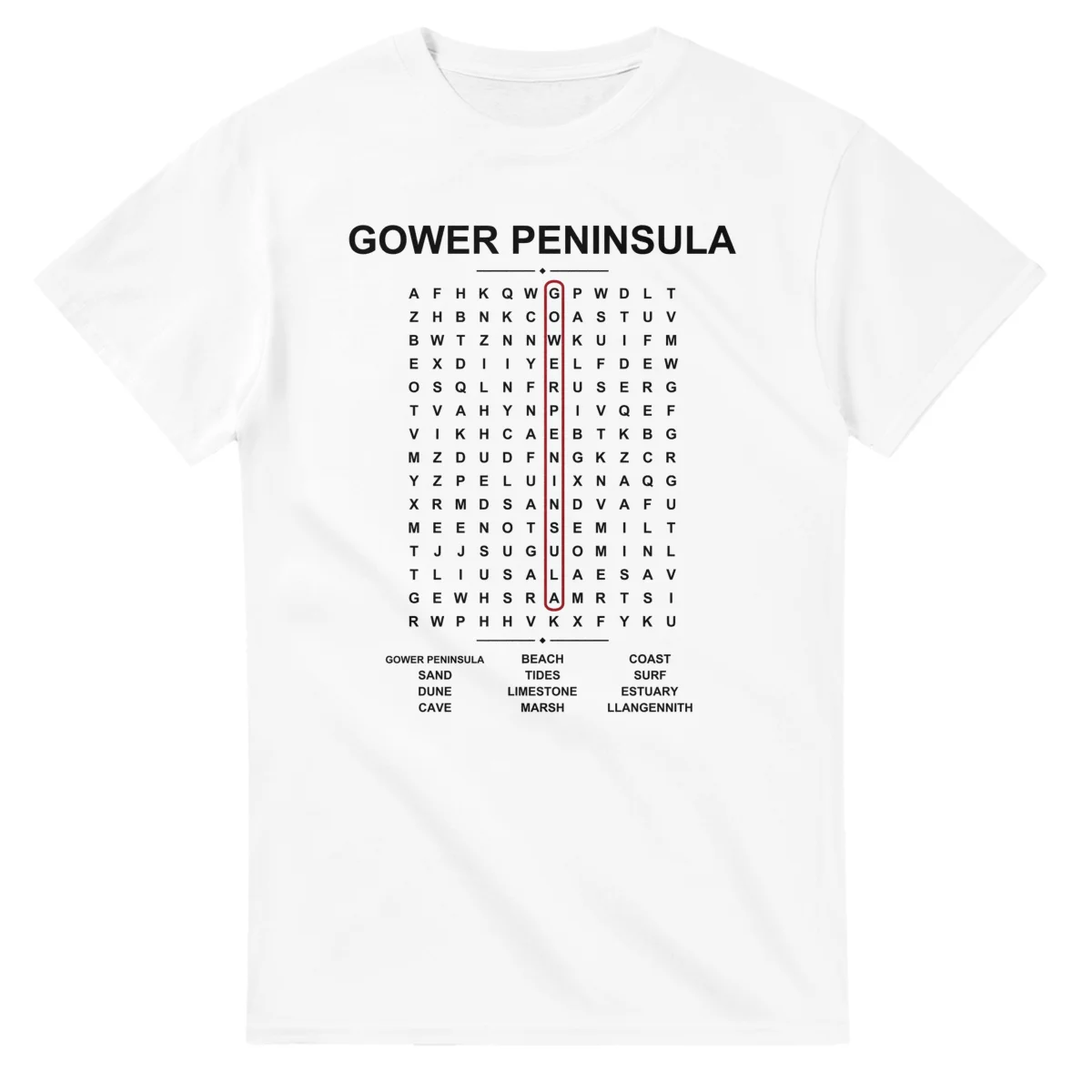 Word-search sheet for Gower Peninsula, with a large place-name heading, a letter grid, a local answer list, and a red highlighted example word.