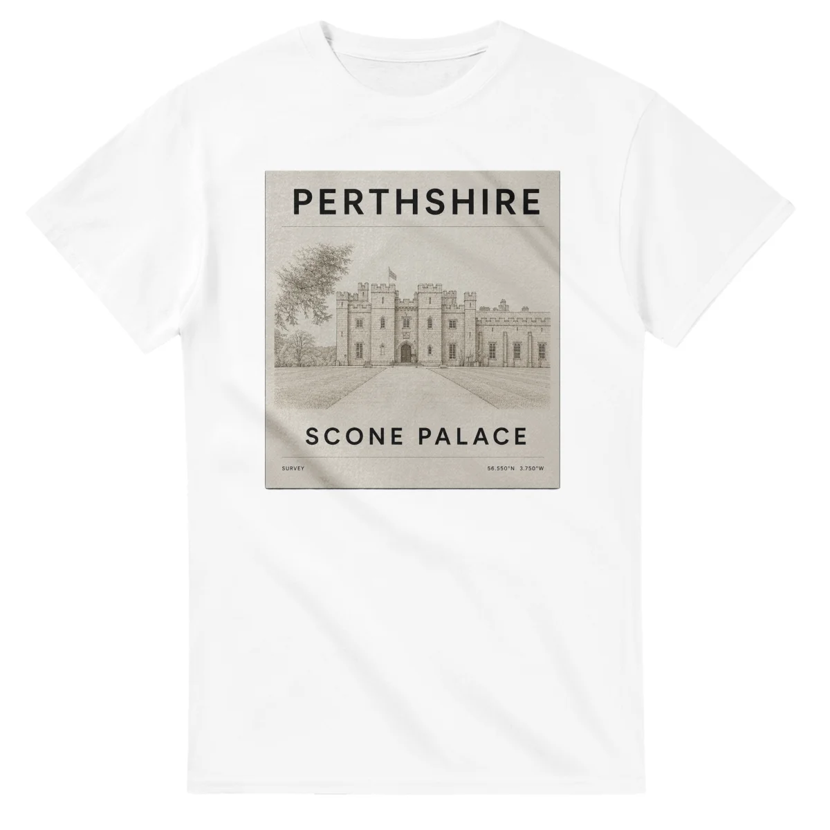 Fine-line engraving-style drawing for Perthshire, with a landmark caption and small coordinate text.